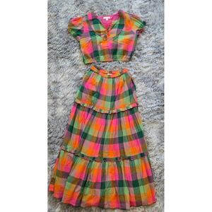 Pink Chicken Girls 12Y Plaid Crop Top and Tiered Maxi Skirt 2 Piece Set Multi